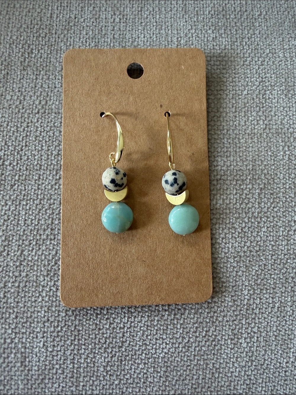 Dalmatian Jasper, Blue Amazonite, Brass Half Moon: Anthro Inspired earrings: NWT